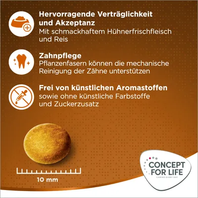 Hervorragende Verträglichkeit mit Hühnerfrischfleisch und Reis, Zahnpflege durch Pflanzenfasern, frei von künstlichen Aromastoffen, Farbstoffen und Zuckerzusatz. Krokettengrösse: 10 mm.