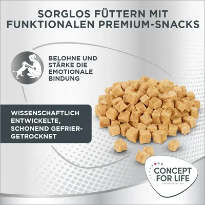 Sorglos füttern mit funktionalen Premium-Snacks. Belohne und stärke die emotionale Bindung. Wissenschaftlich entwickelte, schonend gefriergetrocknete Snacks. Concept for Life Logo sichtbar.