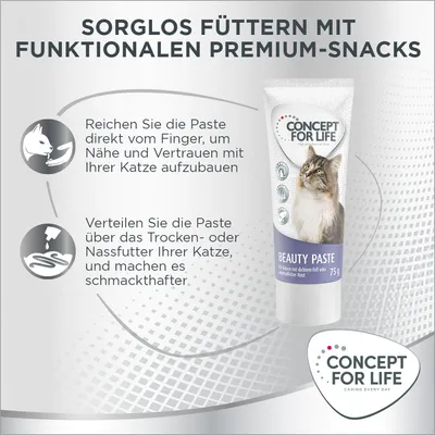 Texte en allemand : Sorglos füttern mit funktionalen Premium-Snacks. Concept for Life Beauty Paste 75g. Instructions d’utilisation illustrées pour chats. Texte et marque visibles uniquement en allemand.