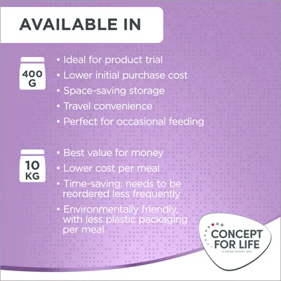 Available in 400g: ideal for product trial, lower initial cost, space-saving, travel convenience, occasional feeding. 10kg: best value, lower cost per meal, time-saving, less plastic packaging.