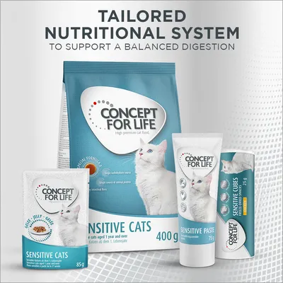 Concept for Life Sensitive Cats cat food range, including 400g dry food, 85g wet pouch, 75g sensitive paste, and 75g sensitive cubes. Packaging shows a white cat and product names.