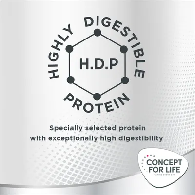 Highly digestible protein, H.D.P. Specially selected protein with exceptionally high digestibility. Concept for Life.