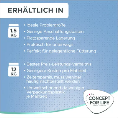 Erhältlich in 1,5 kg: ideale Probiergrösse, geringe Anschaffungskosten, platzsparend. Erhältlich in 12 kg: bestes Preis-Leistungs-Verhältnis, umweltschonend, weniger Verpackungsplastik.
