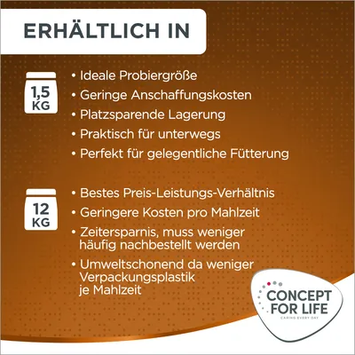Erhältlich in 1,5 kg: ideale Probiergrösse, platzsparend, praktisch für unterwegs. Erhältlich in 12 kg: bestes Preis-Leistungs-Verhältnis, umweltschonend, weniger Verpackungsplastik je Mahlzeit.