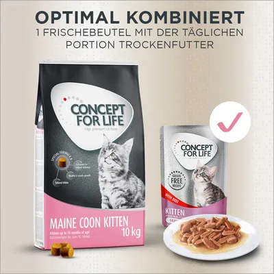 Concept for Life Maine Coon Kitten Trockenfutter 10kg und Frischebeutel mit Grain-Free Rezeptur. Optimal kombiniert: 1 Frischebeutel mit der täglichen Portion Trockenfutter.