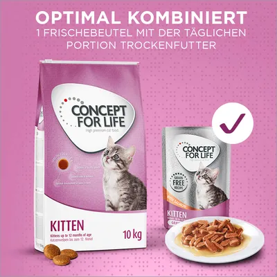Concept for Life Kitten Trockenfutter 10kg und Frischebeutel mit Lachs. Optimal kombiniert: 1 Frischebeutel mit der täglichen Portion Trockenfutter. Für Katzen bis 12 Monate.
