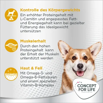 Concept for Life. Vorteile: Kontrolle des Körpergewichts, Muskelerhalt durch hohen Proteingehalt, Haut & Fell mit Omega-3 und -6-Fettsäuren sowie Vitamin-B-Komplex.
