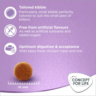 Small 10mm kibble for kittens, free from artificial flavours, colourants and added sugars, with fresh chicken meat and rice for optimum digestion and acceptance.