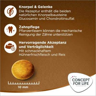 Knorpel & Gelenke: Glucosamin und Chondroitinsulfat. Zahnpflege: Pflanzenfasern unterstützen Zahnreinigung. Akzeptanz: Hühnerfrischfleisch und Reis. Krokettengröße: 10 mm. Concept for Life.