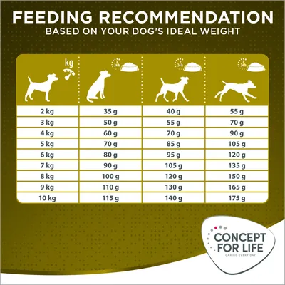 Feeding recommendation table showing daily food amounts in grams for different dog weights from 2kg to 10kg, with columns for activity levels. Brand: Concept for Life.