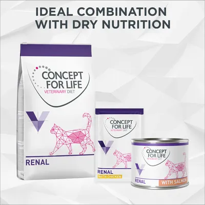 Concept for Life Veterinary Diet Renal dry food and wet food with chicken and salmon, shown together under the text 'Ideal combination with dry nutrition'.