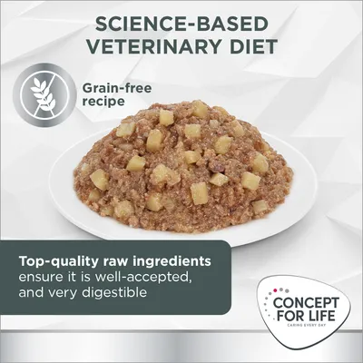 Concept for Life science-based veterinary diet, grain-free recipe. Top-quality raw ingredients ensure it is well-accepted and very digestible. Plate of wet food shown.