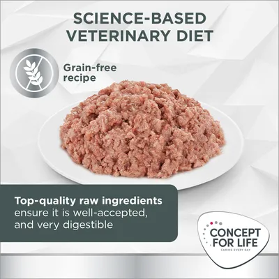 Concept for Life Science-Based Veterinary Diet, grain-free recipe. Top-quality raw ingredients, well-accepted and very digestible. Plate of minced food shown.