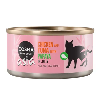 Boîte Cosma Pure Love Asia, texte anglais : Chicken and Tuna with Papaya in Jelly, Pure Meat, Fish & Fruit. Silhouette de chat noir sur fond rose.