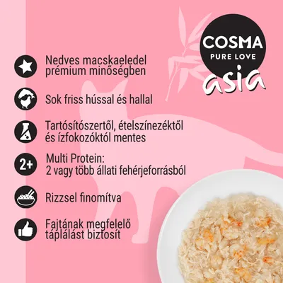 COSMA PURE LOVE asia. Nedves macskaeledel prémium minőségben, sok friss hússal és hallal, tartósítószer, ételszínezék és ízfokozó nélkül, több fehérjeforrásból, rizzsel.