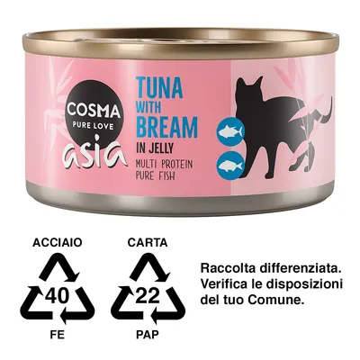 Cosma Asia Pure Love, Tuna with Bream in Jelly, Multi Protein Pure Fish. Simboli raccolta differenziata: acciaio 40 FE, carta 22 PAP. Raccolta differenziata, verifica disposizioni locali. Cosma Asia Pure Love, Tuna with Bream in Jelly, Multi Protein Pure Fish. Simboli raccolta differenziata: acciaio 40 FE, carta 22 PAP. Raccolta differenziata, verifica disposizioni locali.