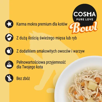 COSMA PURE LOVE Bowl. Karma mokra premium dla kotów, dużo świeżego mięsa lub ryb, owoce i warzywa, pełnowartościowa przyjemność, bez zbóż.