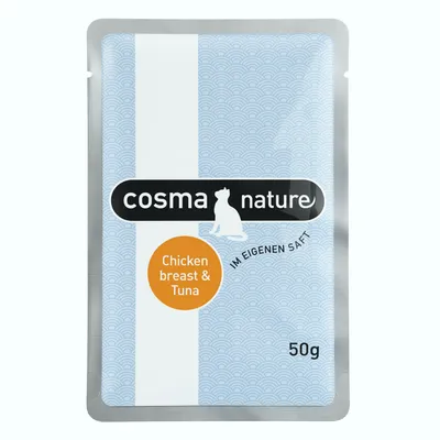 cosma nature Chicken breast & Tuna, IM EIGENEN SAFT, 50g. Kattemad i pose med synlig tekst på engelsk og tysk.