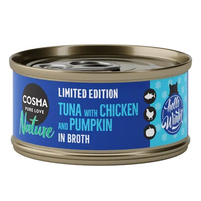 Cosma Pure Love Nature Limited Edition. Tonhal csirkével és sütőtökkel levesben. Hello Winter dizájn kék dobozon.