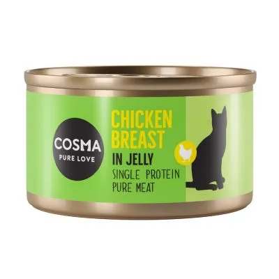 Cosma Pure Love Chicken Breast in Jelly, Single Protein, Pure Meat. Lattina con silhouette di gatto e pollo stilizzato su etichetta verde.