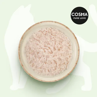 Cosma Pure Love. Schüssel mit fein geriebenem, hellem Fleisch auf grünem Hintergrund mit Katzen-Silhouette.