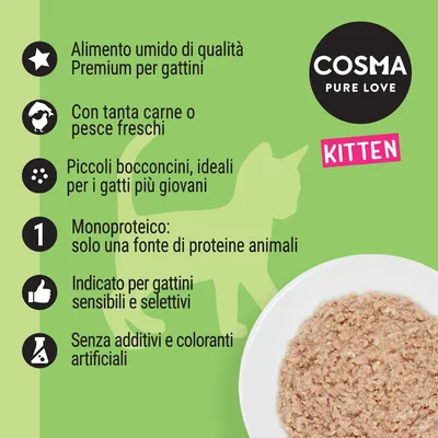 COSMA PURE LOVE KITTEN. Alimento umido di qualità premium per gattini, con tanta carne o pesce freschi, piccoli bocconcini, monoproteico, senza additivi e coloranti artificiali.