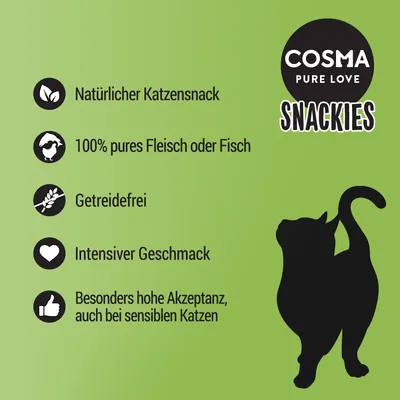 Cosma Snackies. Natürlicher Katzensnack, 100% pures Fleisch oder Fisch, getreidefrei, intensiver Geschmack, besonders hohe Akzeptanz auch bei sensiblen Katzen.