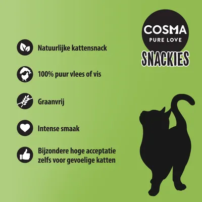 COSMA PURE LOVE SNACKIES. Natuurlijke kattensnack, 100% puur vlees of vis, graanvrij, intense smaak, bijzondere hoge acceptatie zelfs voor gevoelige katten.
