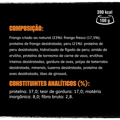 Composição: frango criado ao natural (23%), peru (21%), proteína de frango e peru desidratada, ervilha, gordura de aves. Constituintes analíticos: proteína 37 %, gordura 17 %, fibra 2,8 %.