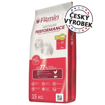 Fitmin Medium Performance, 15 kg. Český výrobek. 77 % živočišných složek: 50 % čerstvé kuřecí maso, 23 % sušené kuřecí, 4 % rybí. Bez pšenice, prebiotika, antioxidanty, GMO free.