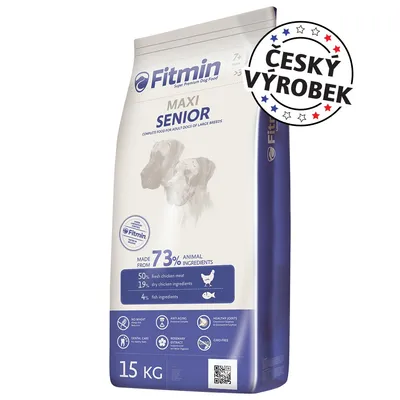 Fitmin Maxi Senior 15 kg, 73 % živočišných složek, 50 % čerstvé kuřecí maso, 19 % sušené kuřecí, 4 % rybí složky, Český výrobek, viditelné piktogramy benefitů