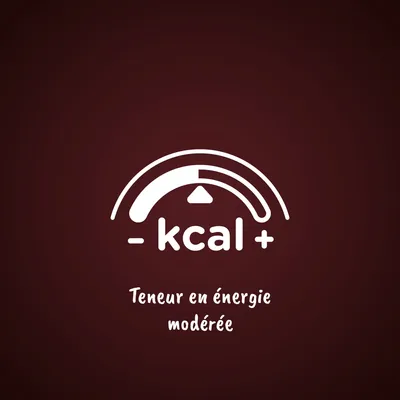 Teneur en énergie modérée, indicateur avec flèche et texte « - kcal + »