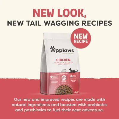 Applaws Chicken Complete & Balanced tørfoder til hunde, ny opskrift med naturlige ingredienser, præbiotika og postbiotika. Ny emballage og forbedret opskrift. Applaws Chicken Complete & Balanced tørfoder til hunde, ny opskrift med naturlige ingredienser, præbiotika og postbiotika. Ny emballage og forbedret opskrift.
