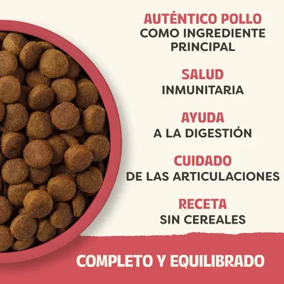 Pollo auténtico como ingrediente principal, salud inmunitaria, ayuda a la digestión, cuidado de las articulaciones, receta sin cereales, completo y equilibrado. Pollo auténtico como ingrediente principal, salud inmunitaria, ayuda a la digestión, cuidado de las articulaciones, receta sin cereales, completo y equilibrado.