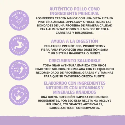 Ingrediente principal: pollo auténtico, favorece la digestión con prebióticos y postbióticos, promueve un crecimiento saludable, ingredientes naturales con vitaminas y minerales añadidos, sin aditivos artificiales.