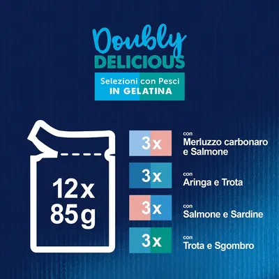 Doubly Delicious Selezioni con Pesci in Gelatina, 12x85g: 3x merluzzo carbonaro e salmone, 3x aringa e trota, 3x salmone e sardine, 3x trota e sgombro.