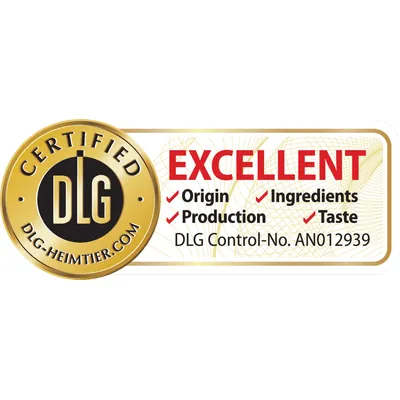 DLG CERTIFIED. EXCELLENT Origin, Production, Ingredients, Taste. DLG Control-No. AN012939. Текстът е на английски език.