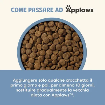 Istruzioni per il cambio di alimentazione ad Applaws: aggiungere alcune crocchette il primo giorno, poi sostituire gradualmente il vecchio alimento con Applaws per almeno 10 giorni. Istruzioni per il cambio di alimentazione ad Applaws: aggiungere alcune crocchette il primo giorno, poi sostituire gradualmente il vecchio alimento con Applaws per almeno 10 giorni.