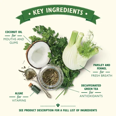 Key ingredients: coconut oil for mouths and gums, parsley and fennel for fresh breath, decaffeinated green tea for antioxidants, algae for vitamins. See product description for full list.