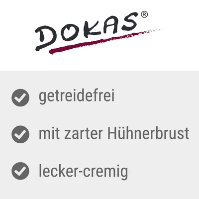 DOKAS. getreidefrei, mit zarter Hühnerbrust, lecker-cremig (text în limba germană)