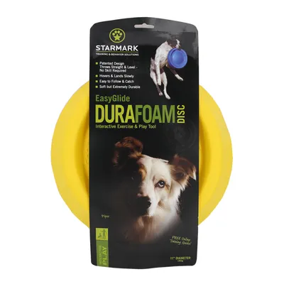 Starmark EasyGlide Durafoam Disc, disco giallo per esercizio e gioco interattivo con cane, diametro 11'' (27,9 cm), confezione con immagine di cane e testo in inglese.