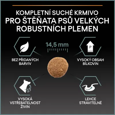 Kompletní suché krmivo pro štěňata psů velkých robustních plemen, průměr granule 14,5 mm, bez přidaných barviv, vysoký obsah bílkovin, vysoká vstřebatelnost živin, lehce stravitelné.