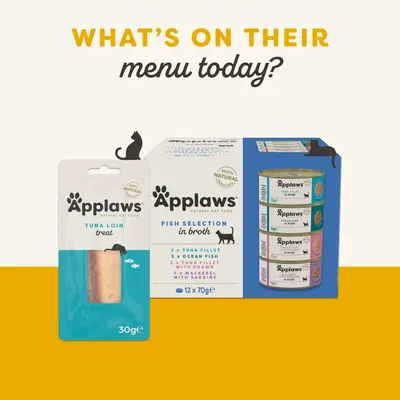 Applaws Natural Cat Food, zestaw Fish Selection in Broth 12×70g: 3× tuna fillet, 3× ocean fish, 3× tuna fillet with prawn, 3× mackerel with sardine; przysmak Tuna Loin treat 30g.