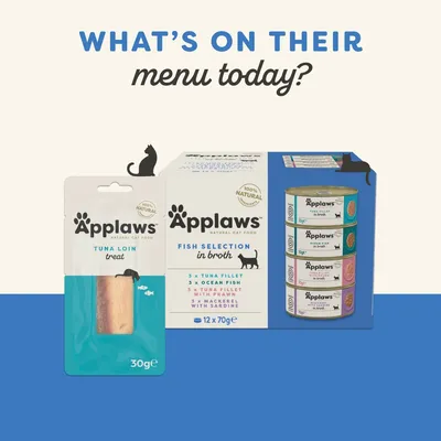 Applaws Natural Cat Food, Fish Selection in Broth 12×70g: 3× tuna fillet, 3× ocean fish, 3× tuna fillet z krewetką, 3× makrela z sardynką; Applaws Tuna Loin treat 30g.