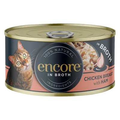 Encore in Broth, 100% natürliche Zutaten, Hühnerbrust mit Schinken. Konservendose mit Katzenmotiv.