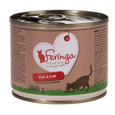 Консерва Feringa, 200 г. Видим текст: „Mit viel Liebe wie hausgemacht!“, „Ente & Kalb mit Broccoli und Löwenzahn“. Илюстрация на котка до купичка.