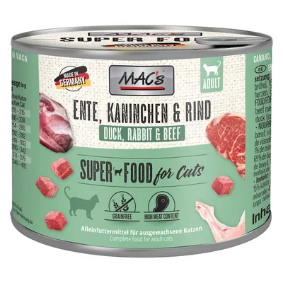 MAC's Super Food for Cats, duck, rabbit & beef. Grain-free, high meat content. Complete food for adult cats. Made in Germany.