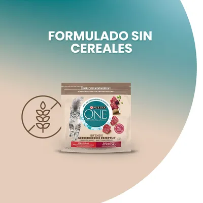 Purina ONE Bifensis Sterilcat, envase de comida para gatos. Texto visible: 'Formulado sin cereales'. Imagen de croquetas y carne en el paquete.