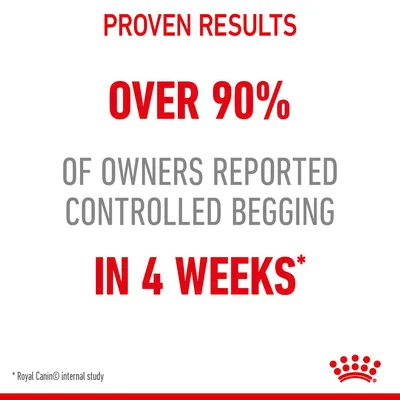 Over 90% of owners reported controlled begging in 4 weeks. Proven results based on Royal Canin internal study.