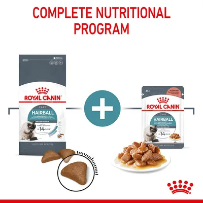 Complete nutritional programme showing Royal Canin Hairball dry food and wet food pouch, with images of kibble pieces and wet food chunks on a plate. Proven results in 14 days.